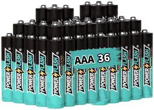 POWER FLASH Alkaline AAA36 Batteries 1.5V long lasting batteries are ideal for use in high tech devices, clocks, remotes, and other household devices.