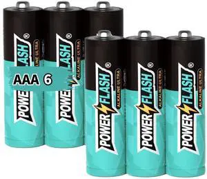 POWER FLASH Alkaline AAA 6 Batteries 1.5V long lasting batteries are ideal for use in high tech devices, clocks, remotes, and other household devices.
