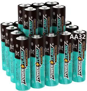 POWER FLASH Alkaline AA32 Batteries 1.5V long lasting batteries are ideal for use in high tech devices, clocks, remotes, and other household devices.