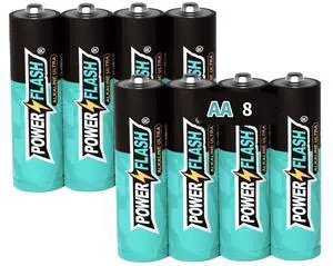 POWER FLASH Alkaline AA8 Batteries 1.5V long lasting batteries are ideal for use in high tech devices, clocks, remotes, and other household devices.