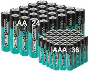 POWER FLASH Ultra Long Life Alkaline Combo AAA & AA Batteries, 36 Triple A and 24 Double A Batteries, 1.5V Batteries 10 Year Warranty