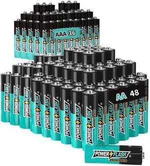 POWER FLASH Alkaline AA48 AAA36 Batteries 1.5V Long Lasting Batteries are Ideal for use in high tech Devices, Clocks, remotes, and Other Household Devices.