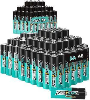 POWER FLASH Alkaline AA48 AAA24 Batteries 1.5V Long Lasting Batteries are Ideal for use in high tech Devices, Clocks, remotes, and Other Household Devices.