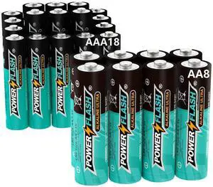 POWER FLASH Alkaline AA8 AAA18 Batteries 1.5V Long Lasting Batteries are Ideal for use in high tech Devices, Clocks, remotes, and Other Household Devices.