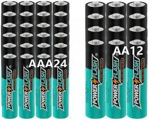 POWER FLASH Alkaline AA12 AAA24 Batteries 1.5V long lasting batteries are ideal for use in high tech devices, clocks, remotes, and other household devices.