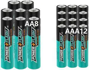 POWER FLASH Alkaline AA8  AAA12 Batteries 1.5V long lasting batteries are ideal for use in high tech devices, clocks, remotes, and other household devices.