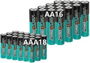 POWER FLASH Alkaline AA16 AAA18 Batteries 1.5V long lasting batteries are ideal for use in high tech devices, clocks, remotes, and other household devices.