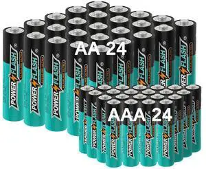 POWER FLASH Ultra Long Life Alkaline Combo AA + AAA Batteries, 24 Double a Batteries and 24 Triple a Batteries, 1.5V Batteries 10 Year Warranty (Home and Industrial Pack)