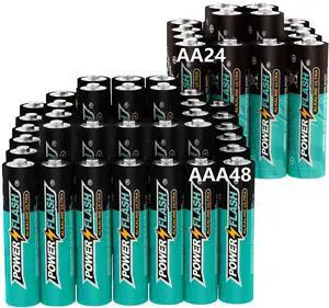 POWER FLASH Ultra Long Life Alkaline Combo AAA & AA Batteries, 48 Triple a Batteries and 24 Double a Batteries, 1.5V Batteries 10 Year Warranty