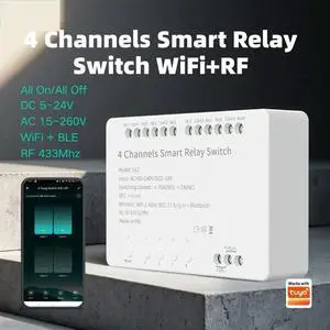 Tuya 4 Channels Switch Module 5-24V/100-240V Relay + RF433 Remote Control DIY Module