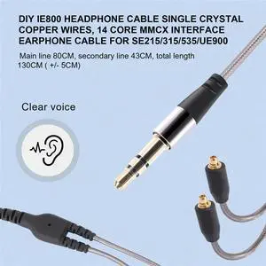 DIY Ie800 Headphone Cable Single Crystal Copper Wires, 14 Core MMCX Interface Earphone Cable For SE215/315/535/UE900