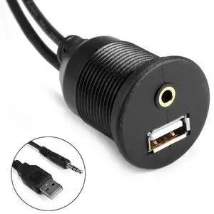 1M Lead Cable with Waterproof Cable, USB Audio, AUX Extension, USB Port Audio Flush Mount for Car Dashboard