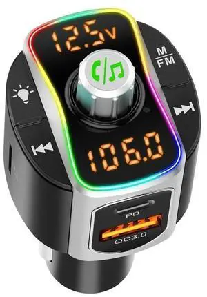 Car FM Transmitter Bluetooth 5.0 MP3 Audio Player QC3.0+PD Fast Charging Wireless Handsfree Car Kit with LED Backlit
