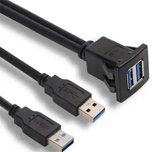 Car Mount Extension Cable To Female Dashboard Panel for Car Boat Motorcycle, 1m/3.3ft Dual USB3.0 A Male To USB3.0 A Female