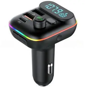 Car Fast Charge Bluetooth 5.0 FM Transmitter PD Dual Player Music Type-C Colorful Ambient MP3 Light Cigarette Lighter USB C0E3