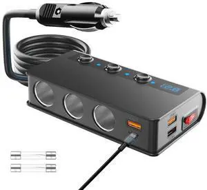 3 - Socket 12V/24V 180W ON - OFF DC Power Car Splitter with 4 - Port USB Car Charger, Quick Charge 3.0 Cigarette Lighter Splitte