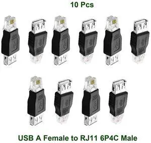 10pcs USB 2.0 Type A Female To RJ11 4 Pin 6P4C Male Ethernet Network Phone Connector Converter Adapter Fax Machine Modem