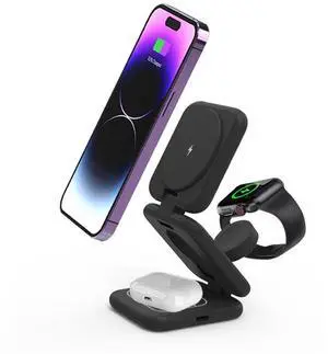 DIXSG magsafe folding magnetic wireless charger is a three-in-one desktop wireless charger suitable for charging Samsung and Apple watches