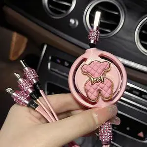 DIXSG pink car charger is a three-in-one fast charging adapter with a retractable charging cable and data cable, suitable for multi-purpose vehicles