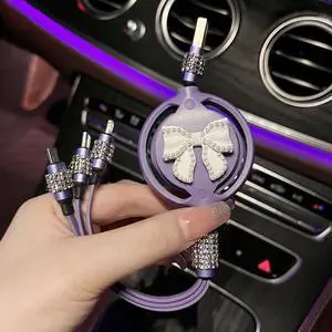 DIXSG purple model car charger is a three-in-one fast charging adapter with a retractable charging cable and data cable, suitable for multi-purpose vehicles