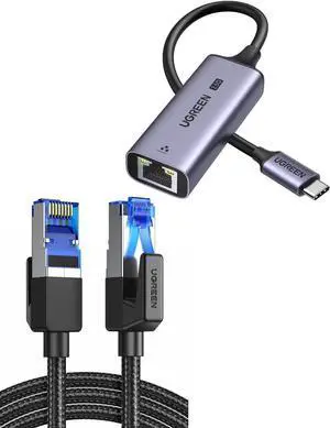 UGREEN Cat 8 Ethernet Cable 6FT High Speed Braided 40Gbps 2000Mhz Network Cord Bundle with USB C to Ethernet Adapter 2.5G Compatible for Laptop