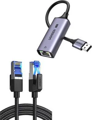 UGREEN Cat 8 Ethernet Cable 6FT High Speed Braided 40Gbps 2000Mhz Network Cord Bundle with 2.5Gb USB to Ethernet Adapter for Laptop