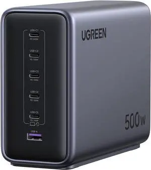 UGREEN Nexode 500W GaN Fast Charging Station - 6 Ports USB-C & USB-A, 240W Single Port, Smart Temperature Control, Space-Saving Design, for Laptops, Phones, and More