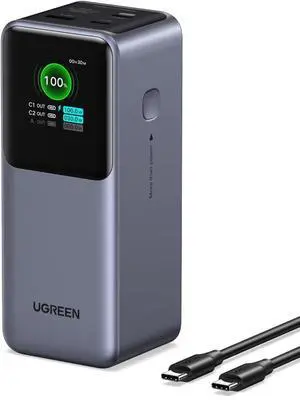 UGREEN Nexode Power Bank 20000mAh 130W Portable Charger 72Wh PD Fast Charging 3-Port USB C Battery Pack with TFT Smart Display for MacBook/iPad/iPhone 16/Samsung S24 and More