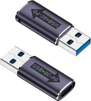 DIXSG 2-Pack USB 3.1 Male to USB-C Female PD Adapters, Quick Charge to USB-C Converter, Fast Charging Alloy Connector, Grey