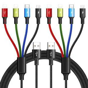 DIXSG 4-in-1 Multi Charging Cable (2-Pack, 4FT), 3.5A Fast Charging Braided Cord with USB-C/Micro/Lightning Compatible for iPhone, Samsung Galaxy, Tablets & More