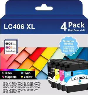 Ennovor LC406 LC406XL Ink Cartridges for Brother Printer LC406 LC406XL Compatible with Brother MFC-J4335DW MFC-J5855DW MFC-J6555DW MFC-J4535DW MFC-J6955DW MFC-J4345DW MFC-J5955DW (B/C/Y/M) 4Pack