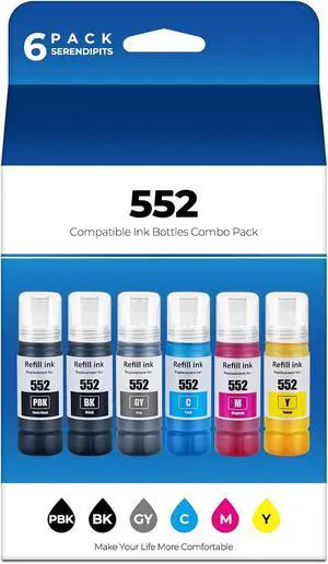 Ennovor 552 Ink Refill Bottles 6-Pack ET-8550 ET-8500 Ink Refill Bottle T552 Replacement for 552 Ink Refill Bottle Works with ET 8550 ET 8500 ET8550 ET8500 Printer (BK PB C M Y GY)