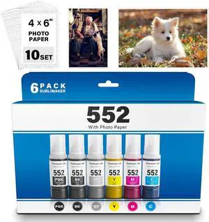 Ennovor 552 Ink Refill Bottles 6 Pack 600ML with Photo Paper (NotSublimation Ink) Compatible for Epson Ecotank Photo ET-8550 ET-8500 ET8550 ET8500 Printer, T552 552 Pigment Ink (BK PBK CMY GY)