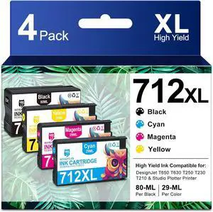Ennovor 712XL 712 Ink Cartridges High Yield Replacement for HP DesignJet T650 T630 T250 T230 T210 Studio Plotter Printers (80-ML Black, 29-ML Cyan/Magenta/Yellow) 4-Pack