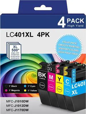 Ennovor LC401XL Ink Cartridges Replacement for Brother LC 401 XL LC401 Ink Cartridge Compatible with Brother MFC-J1010DW MFC-J1012DW MFC-J1170DW Printer (1 Black 1 Cyan 1 Magenta 1 Yellow, 4 Pack)