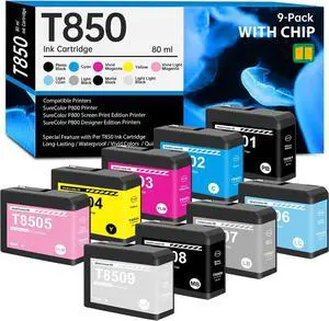 Ennovor Remanufactured T850 UltraChrome HD Ink Cartridges (with Chip) for T850 T8501 T8502 T8503 T8504 T8505 T8506 T8507 T8508 T8509 for SureColor P800 SC-P800 Inkjet Printers, 9-Pack P800 Ink Kit