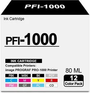 Compatible with Canon PFI-1000 Ink Cartridges PFI 1000 PFI1000 Ink with Chip Replacement for Canon ImagePROGRAF PRO 1000 (12Packs,80ml)