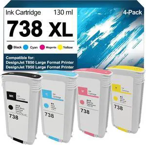 Ennovor MEZOO 738 Ink Cartridge Replacement with 738XL 498N4A 498N5A 498N6A 498N7A DesignJet Ink Cartridge for DesignJet T850 T950 Large Format Printer(4 Pack, Black Cyan Magenta Yellow)