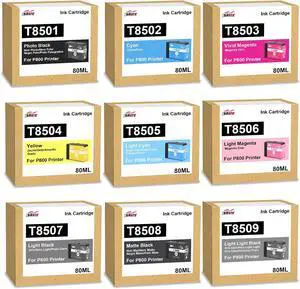 Ennovor T850 Ink Cartridges High Capacity T850 Ink T8501 T8502 T8503 T8504 T8505 T8506 T8507 T8508 T8509 Replacement for Surecolor P800 Printer (9 Pack-80ML)