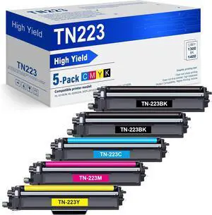 Ennovor TN-223 TN223 Toner Cartridge 5 Pack, Replacement for Brother TN 223 Tn223bk TN-223BK/C/M/Y Toner HL-L3210CW HL-L3290CDW HL-L3230CDW MFC-L3750CDW MFC-L3730CDW Printer Toner Cartridges Set