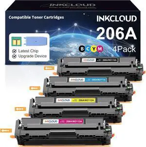 Ennovor INKCLOUD 206A Toner Cartridges 4 Pack with Chip Compatible Replacement for HP 206A 206X W2110A W2110X Work with Color Pro MFP M283fdw M283cdw Pro M255dw M283 M255 Printer Ink High Yield Toner