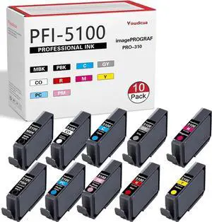 PFI-5100 Ink Cartridges - High Capacity Compatible for Canon imagePROGRAF PRO-310 Printer, 10-Pack (MBK, PBK, C, M, Y, R, GY, PC, PM, CO)