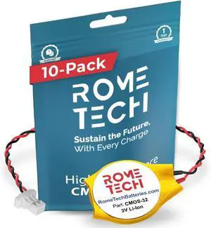 Rome Tech CR1616 CMOS Battery for Samsung Chromebook XE303C12 / Series 5 NP510R5E- Laptop Backup BIOS RTC 3V CR 1616 Battery with 2 Wire Long Cable and Connector (10-Pack)