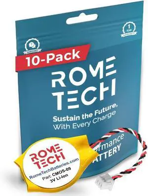 Rome Tech CMOS Battery for Dell Inspiron 1318, Precision M6400, M6500, Vostro 1500 - Laptop Backup BIOS RTC 3V CR2032 with 3 Wire Cable (10-Pack)