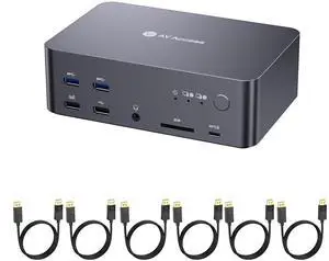 (Desktop only) AV Access iDock D23 8K KVM Switch Docking Station for 2 PCs & Triple Monitor, with 6 DP Cables, DisplayPort 2.0, 1G Ethernet, USB 3.0, 4K@165/144Hz, 2K@144Hz for Gaming & Home Office