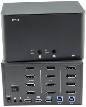 KVM Switch 4 Monitors 2 Computers, 8k Displayport Switch with USB 3.0, Jack, 4 Computers Share a Set of Keyboard, Mouse, Support Windows/Mac/Linux (Quad Monitor)
