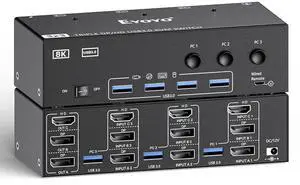 2 Displayport HDMI KVM Switch 3 Monitors 3 Computer, 8K@60Hz 4K@144Hz Triple Monitor KVM Switch for 3 PC Sharing 3 Screens, 4 USB 3.0 Ports Wired Remote Control & Power Adapter Included