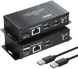 avedio links 4K@60Hz HDMI KVM USB Extender Over Cat 5e/6/7, 164ft/50m HDMI Ethernet Extender Transmitter Receiver with Loop Out Compatible with USB Keyboard Mouse, Support POC Power Supply