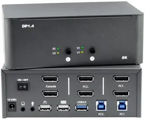 KVM Switch 2 Monitors 2 Computers, 8k Displayport Switch with USB 3.0, Jack, 2 Computers Share a Set of Keyboard, Mouse, Support Windows/Mac/Linux (Dual Monitor)