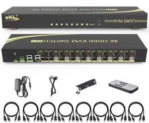 eKL KVM Switch, 8 Port v2.0 HDMI KVM Switch Supports Hotkeys Swapping 4K@60Hz 4:4:4 1080p 3D, 8 in 1 Out 8 PCs Sharing with One Set of Keyboard and Mouse